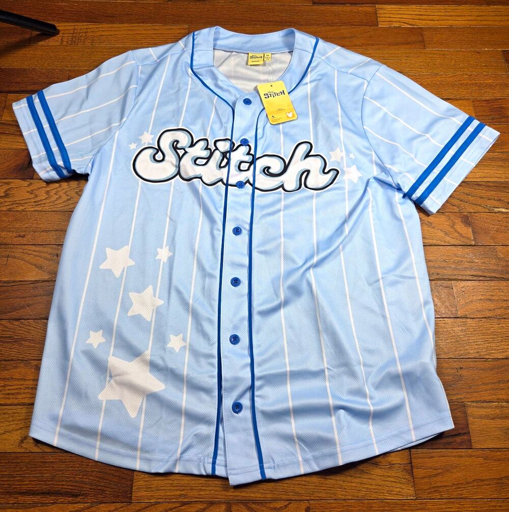Disney Stitch Baseball Jersey 1X Blue Pinstripe Button Up Graphic NWT